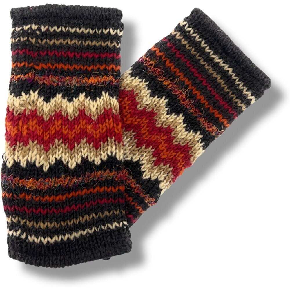 Hand Knit Wool Fingerless Gloves Winter Striped Fleece Lined Warm